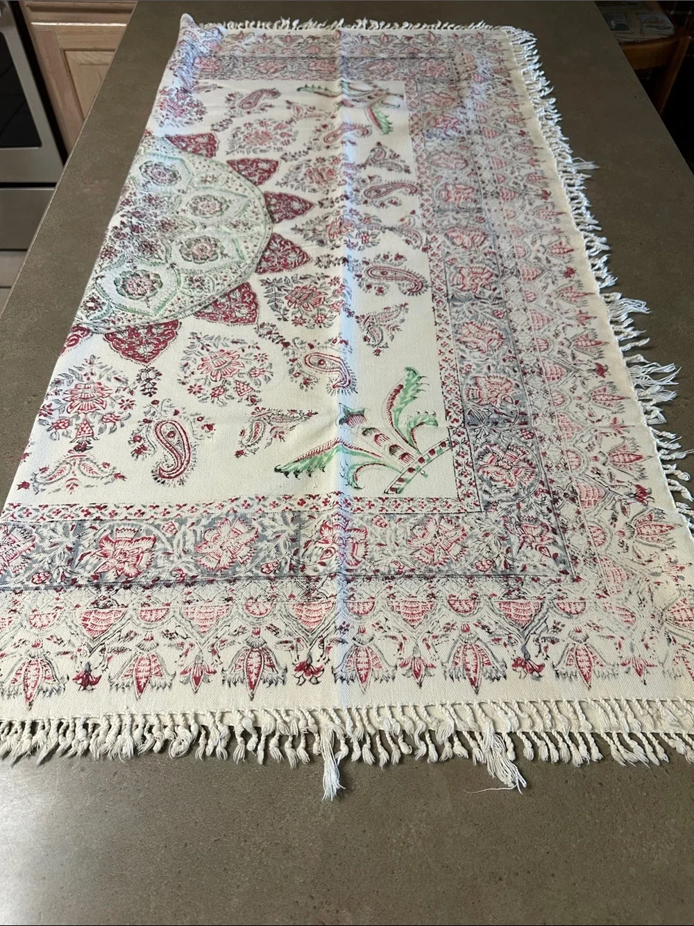 Vtg Persian Ghalamkar Kalamkari Cotton Tablecloth Signed Isfahan Paisley 45x45